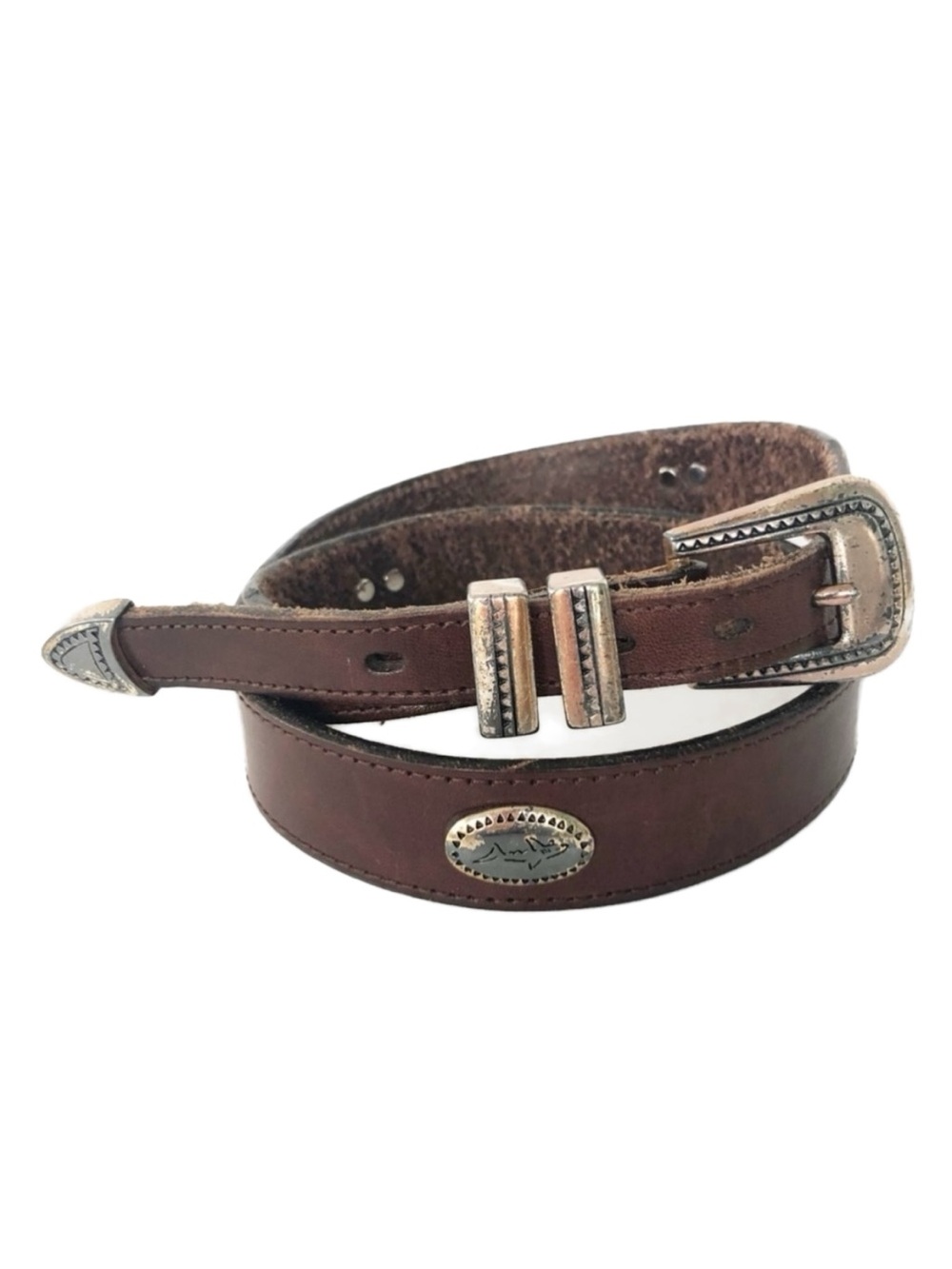 Greg Norman Leather Belt with Silver Toned Medallions Engraved Logo Brown 🟤⚪️